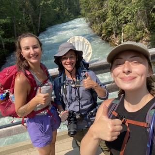 Lizzy Schafers, Jasmine Janes and Emma Peterson pose for a selfie in Mount Robson Provincial Park.