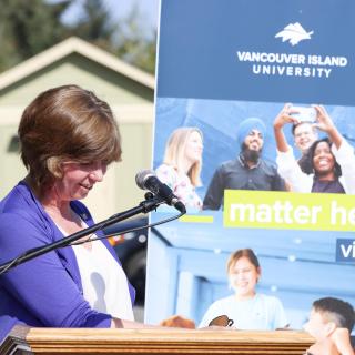 Nanaimo MLA Sheila Malcolmson speaks at the announcement. 