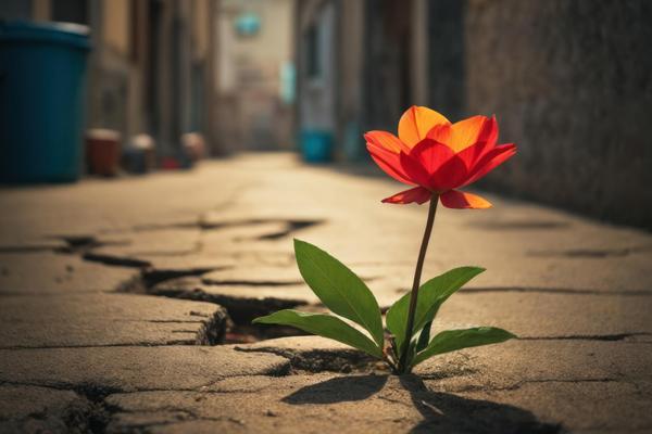 a flower grows out of concrete