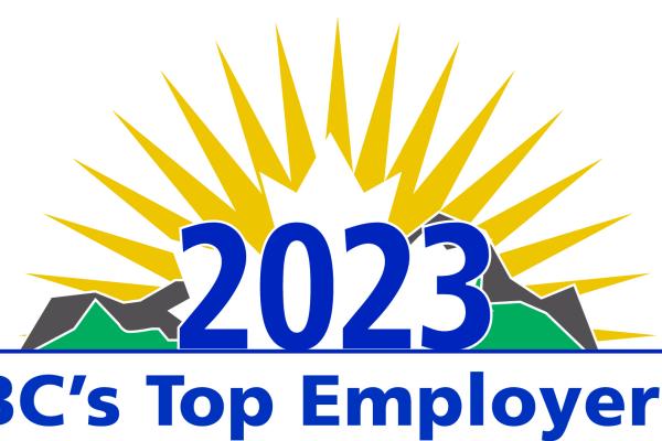 The logo for the BC Top Employer award. It has a sun in the background with mountains in the middle ground and the year 2023 at the front