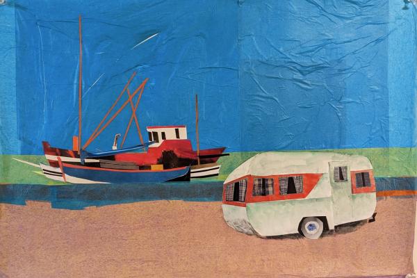 Mixed media painting of a red, white and dark blue boat with a trailer in front of it on the shoreline.