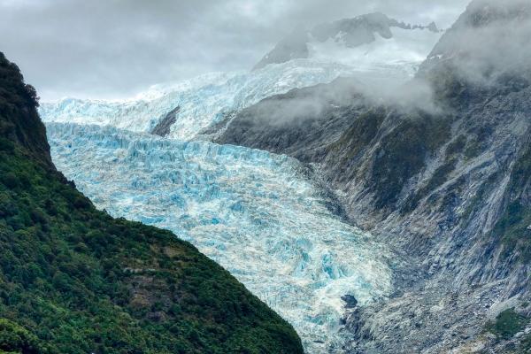 A glacier between two mountain ranges.