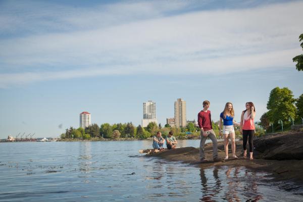 Two groups of students enjoy the waterfront in downtown Nanaimo