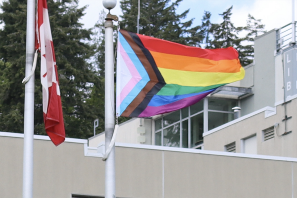 Two flagpoles side by side. One holds the Canada flag and the other the Pride flag.