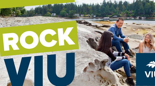 Rock VIU logo with students on a beach in background