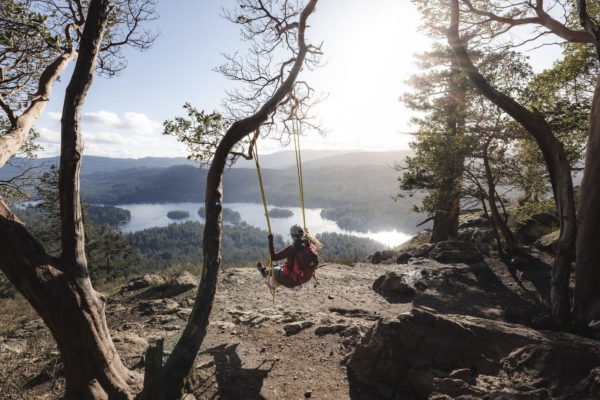 A woman with her back to the camera sits on a swing tied to a tree in a clearing on the top of a mountain looking down at the water below on a sunny evening.