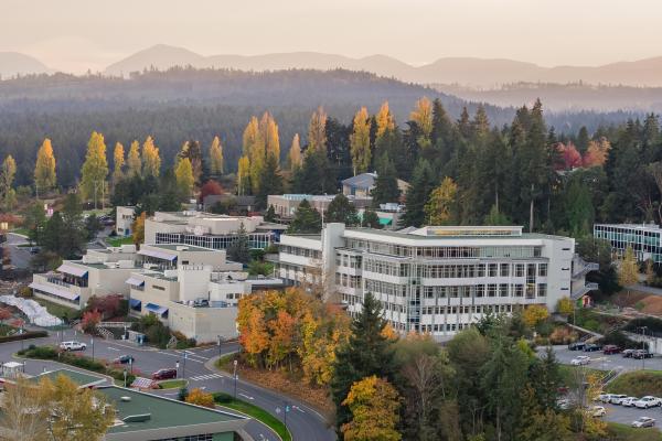 An aerial view of VIU's Nanaimo campus during the fall trees dappled with yellow and orange leaves.