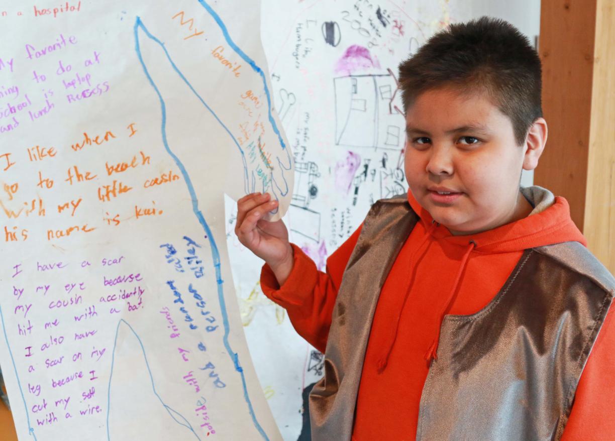 Terrence Good with his project at Shq'apthut, VIU's Aboriginal Gathering Place