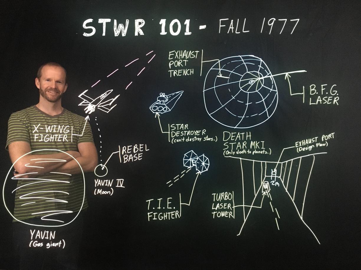 VIU Engineering Technician David Moss has used the light board to illustrate some cool Star Wars facts such as where the exhaust port is located on the Death Star.