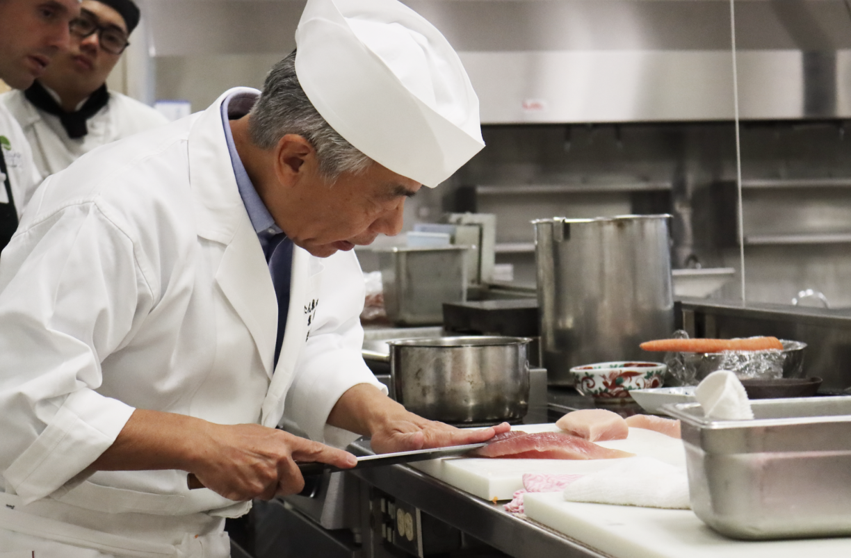 Visiting from Kyoto, Japan, Motoi Kurisu, Executive Chef at Arashiyama Kumahiko and President of Kumahiko Co. Ltd. gave a demonstration to VIU Culinary students this week to help celebrate the launch of the new certification.  Photo: Vancouver Island Univ